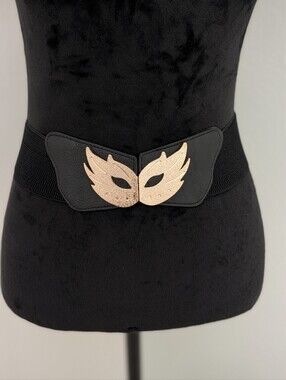 Black Wide Stretch Waist Belt Gold Masquerade Mask Buckle New